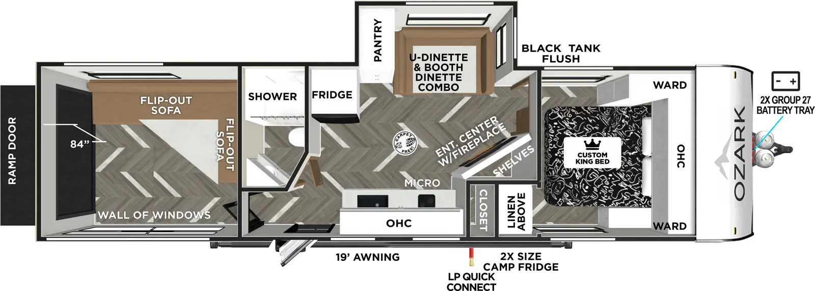 The Ozark 2900THK floorplan is a toy hauler that has one entry and one slide out. Exterior features include: metal exterior and 19' awning. Interiors features include: u-dinette and front bedroom.
